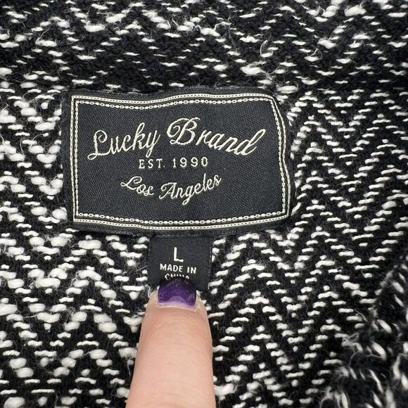 Lucky Brand Sz L Moto Sweater Jacket Zip Up Pocket Black White - Picture 3 of 4